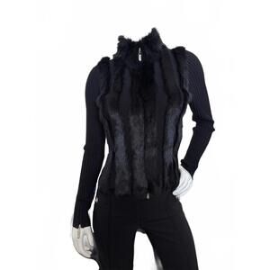 Cabo Black Ribbed Knit Jacket Faux Fur Trim Zip Front Size Small